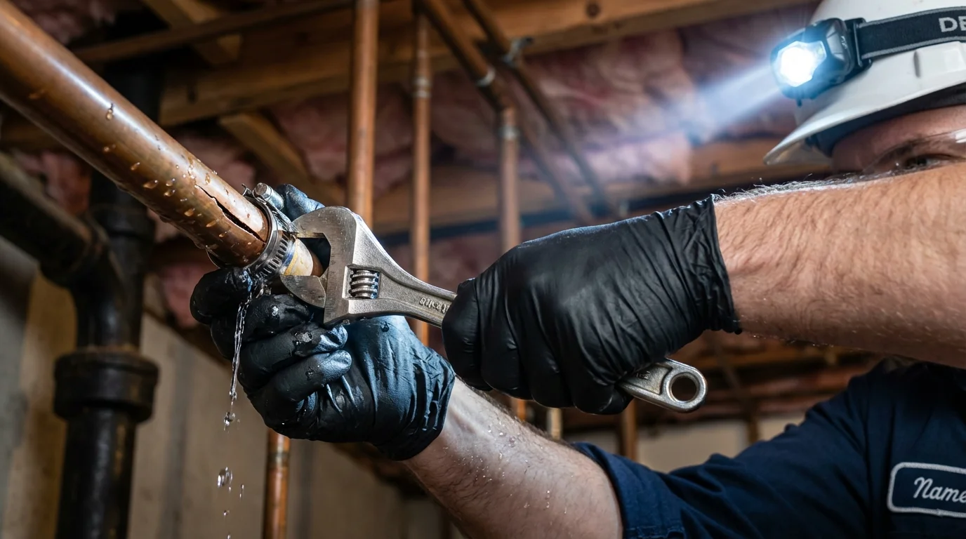 Emergency pipe clamp repair being performed by a Johns Plumbing LLC plumber in Punxsutawney
