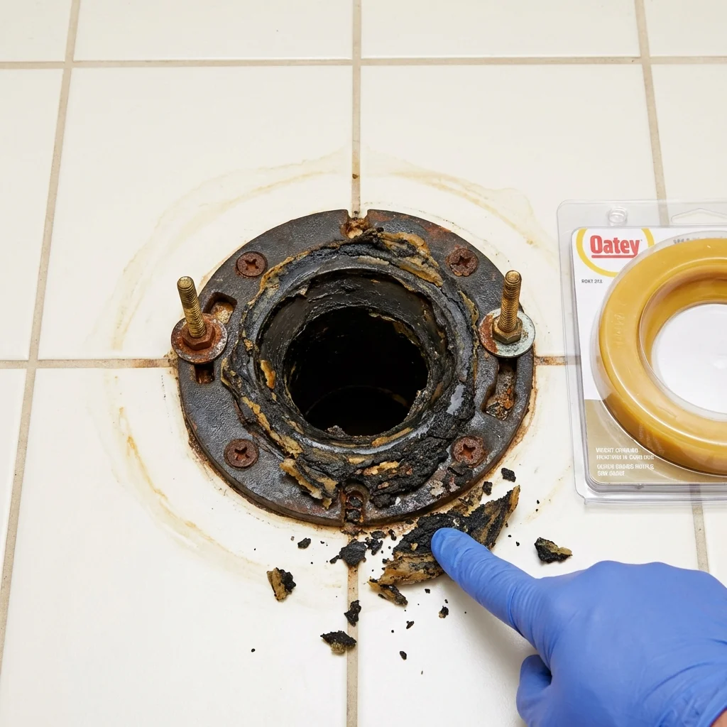 Failed wax ring showing water seepage at the base of a toilet in a Punxsutawney, PA home