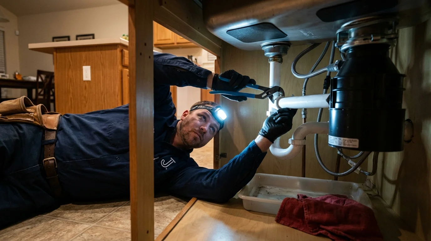 P-trap and supply line connections under a kitchen sink showing a common leak point in Punxsutawney, PA